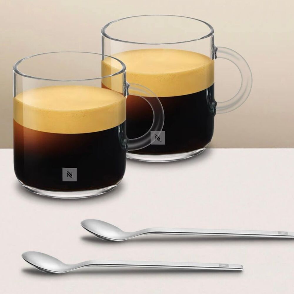 NIB Nespresso Vertuo Collection Gran Lungo Clear Glass Coffee Mugs & Spoons Set